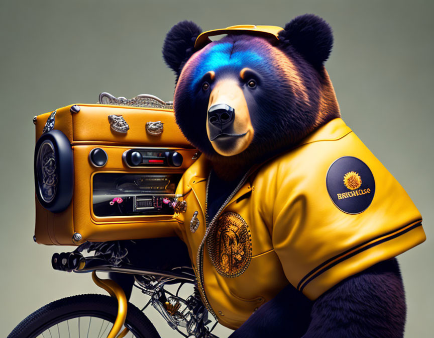 Stylized bear on motorcycle with yellow jacket and boombox