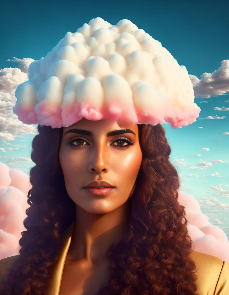 Woman wearing surreal cloud-like headpiece under blue sky with cotton candy-colored clouds