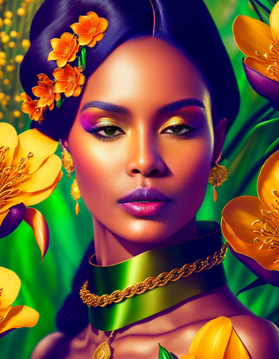 Vibrant makeup woman with flowers and golden jewelry