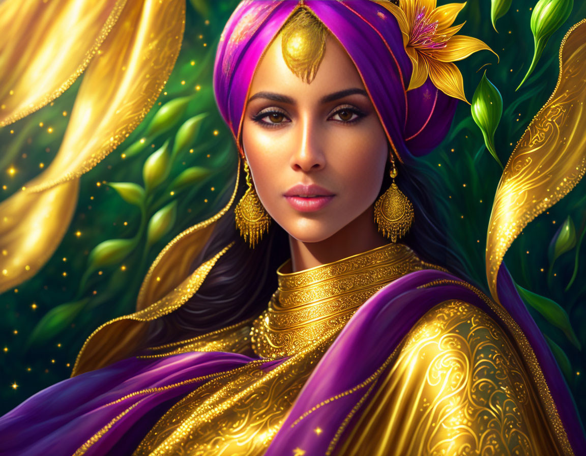 Illustrated woman in gold and purple attire with turban and jewel against botanical backdrop