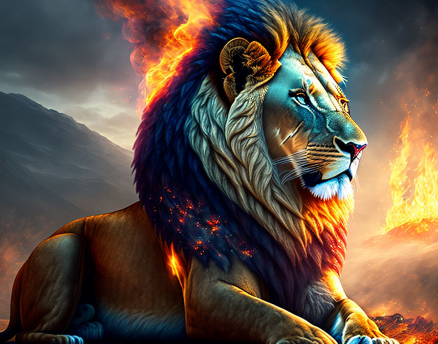 Majestic lion with fiery mane in dramatic fantasy scene