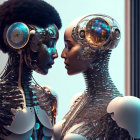 Detailed humanoid robots touch foreheads affectionately in dimly lit setting