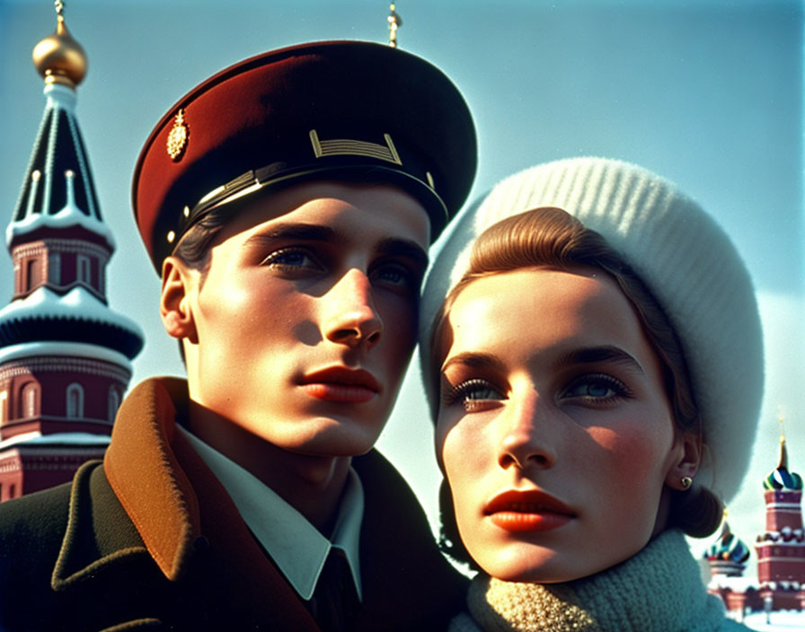 Young couple in military uniform and white hat with Saint Basil's Cathedral.