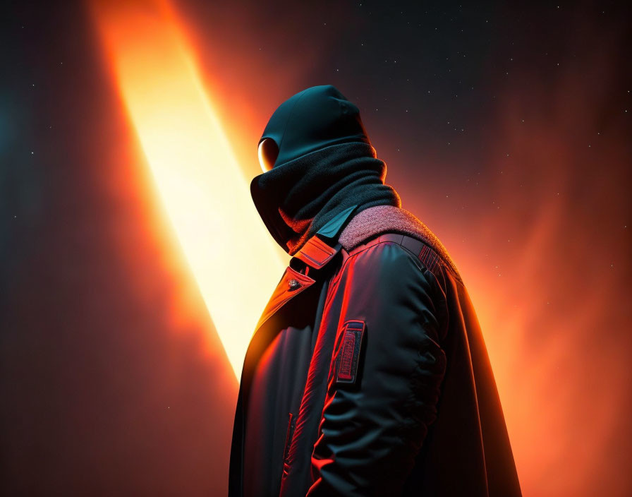 Mysterious figure in dark outfit with hood and goggles under dramatic orange light against starry sky.