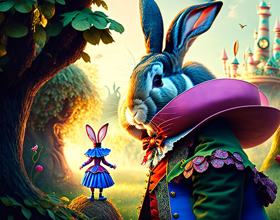 Illustration of large rabbit in elaborate attire with miniature rabbit in magical forest.