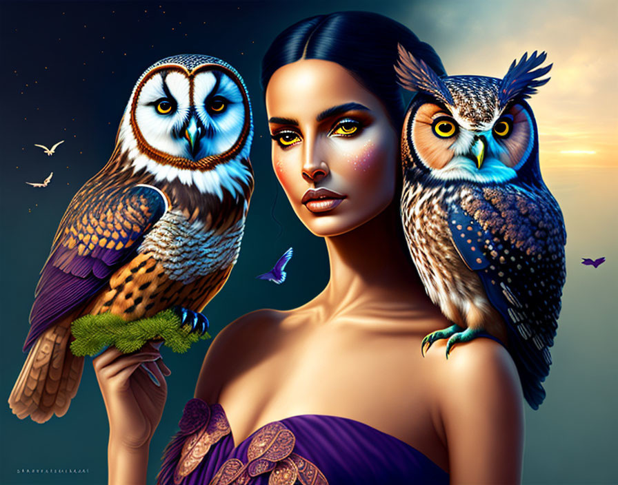Vividly colored owls with woman in digital artwork