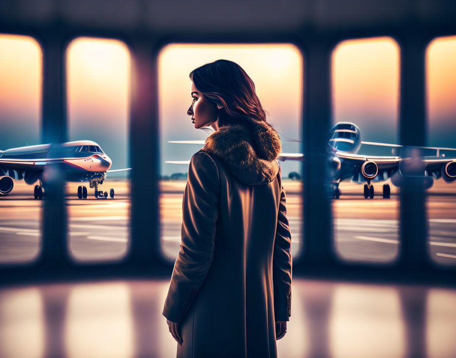 Woman in winter coat viewing planes on airport tarmac at colorful sunrise/sunset