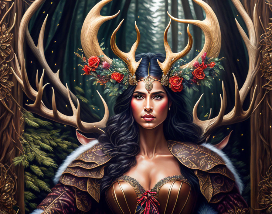 Digital artwork: Mystical female figure with antlers, flowers, piercing eyes, and fantasy armor in
