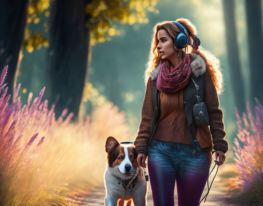 Woman walking dog in forest with purple wildflowers and headphones