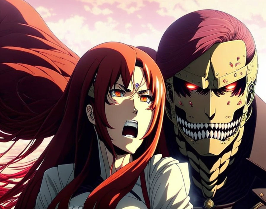 Anime characters with red-haired woman and skull-masked man in intense scene.