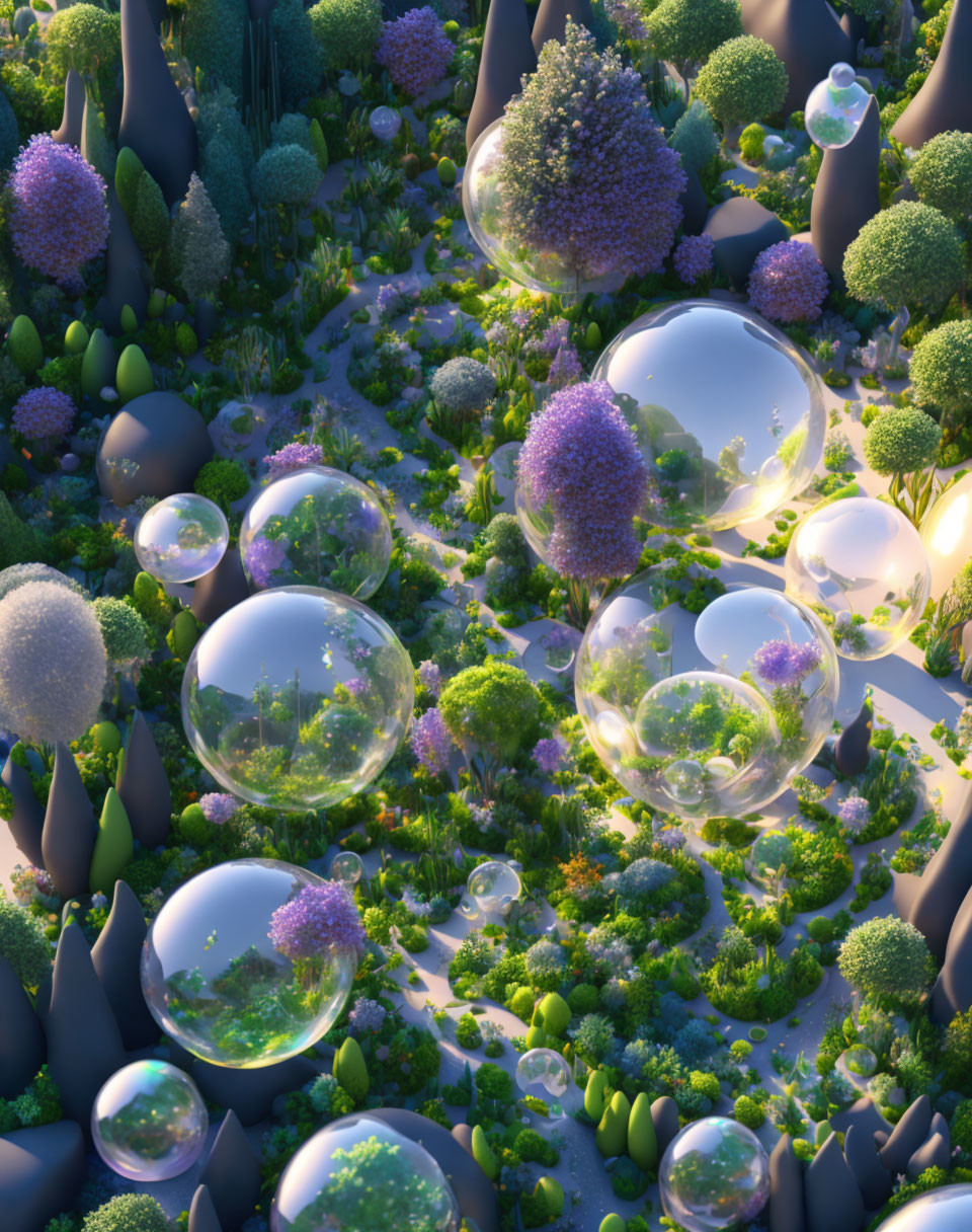 Lush Green and Purple Forest with Transparent Bubbles