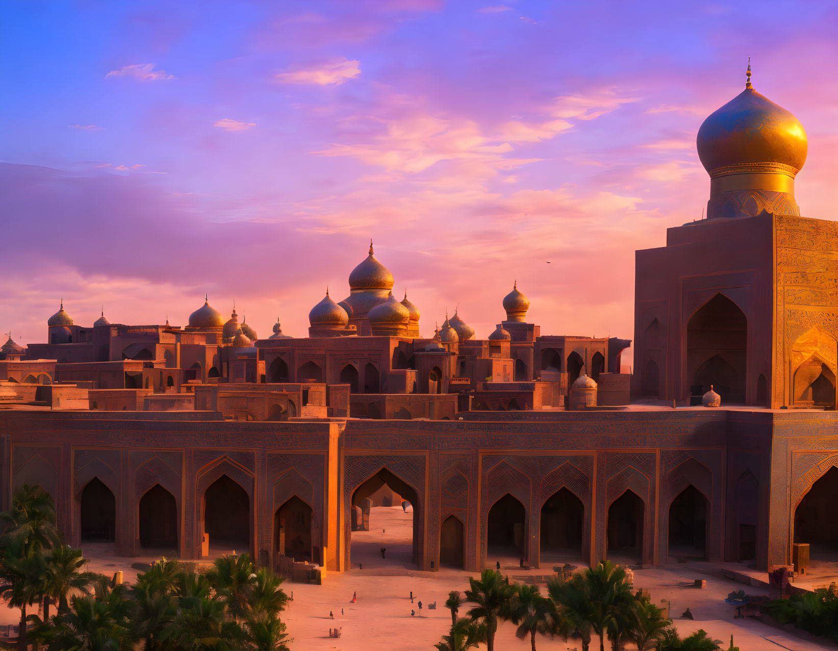 Ancient Middle Eastern city with golden domes and arches at sunset