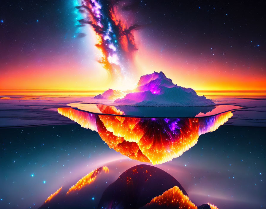 Colorful Landscape with Iceberg and Psychedelic Sky