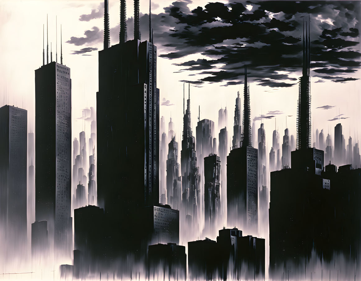 Monochromatic futuristic cityscape with misty skyscrapers under dark sky