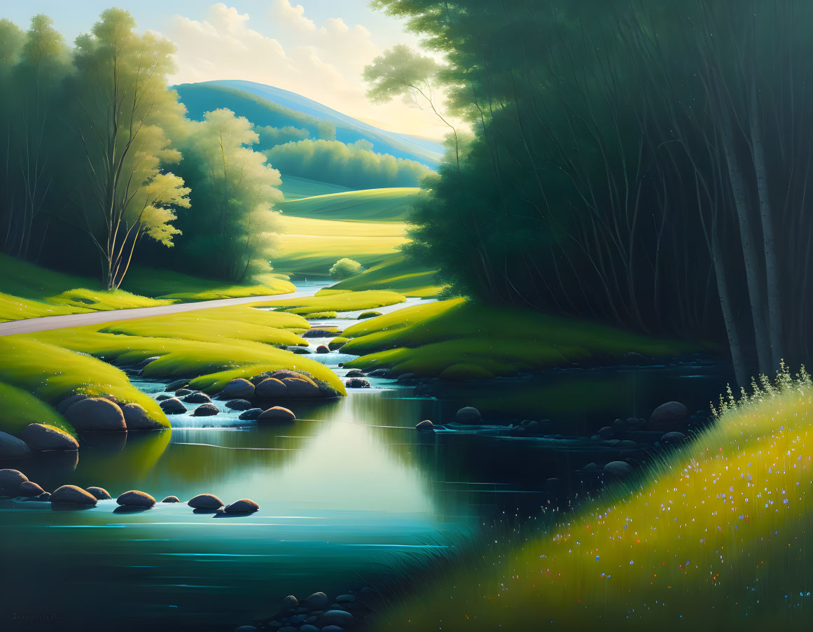 Tranquil landscape with stream, boulders, trees, and hills in golden light