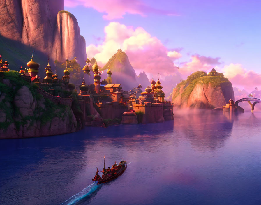 Animated landscape with boat, traditional buildings, mountains, and purple sky