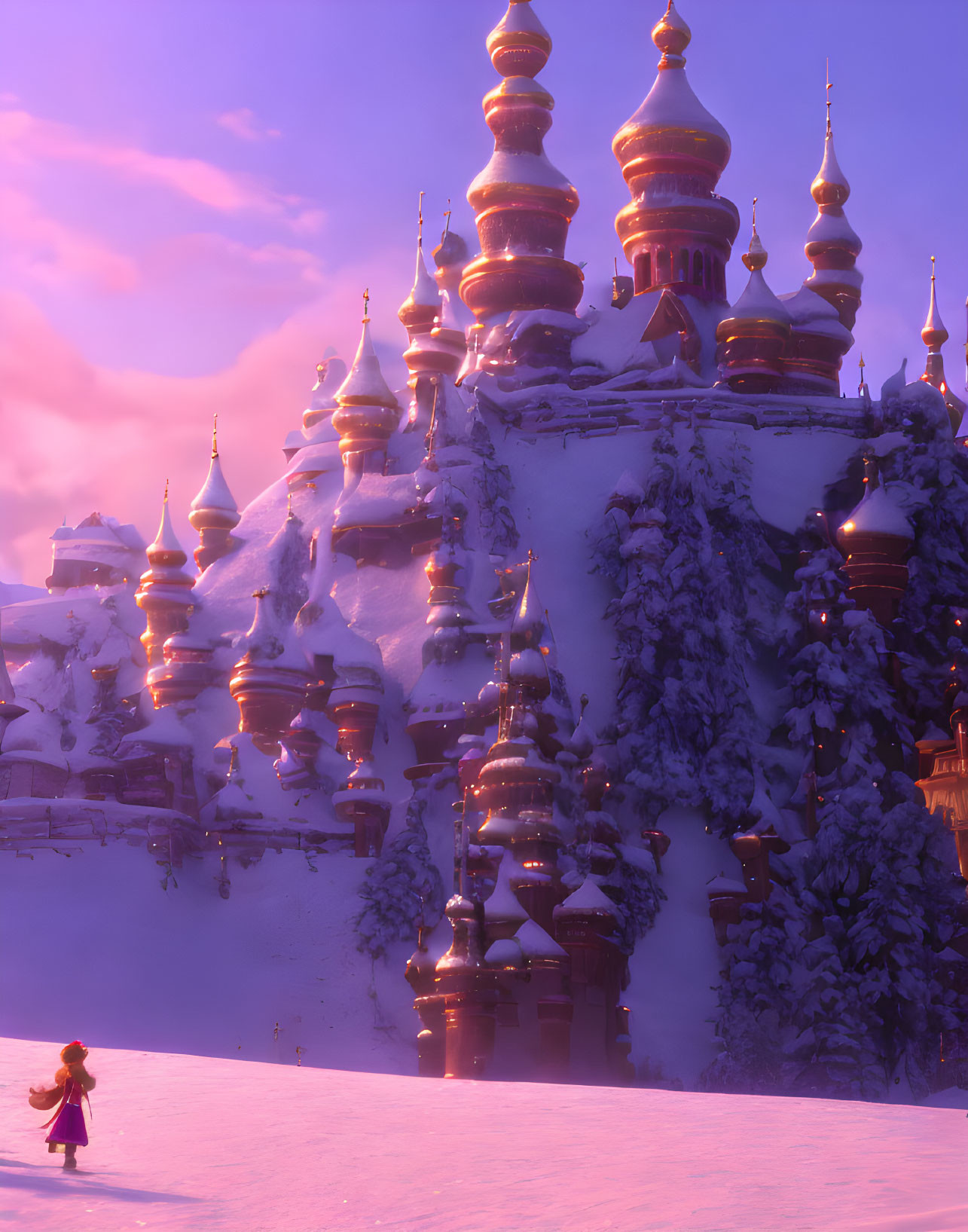 Snow-covered palace with onion domes in pink light at dusk