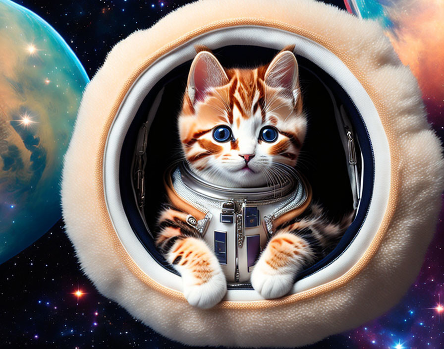 Orange Tabby Kitten in Spacesuit on Cosmic Background