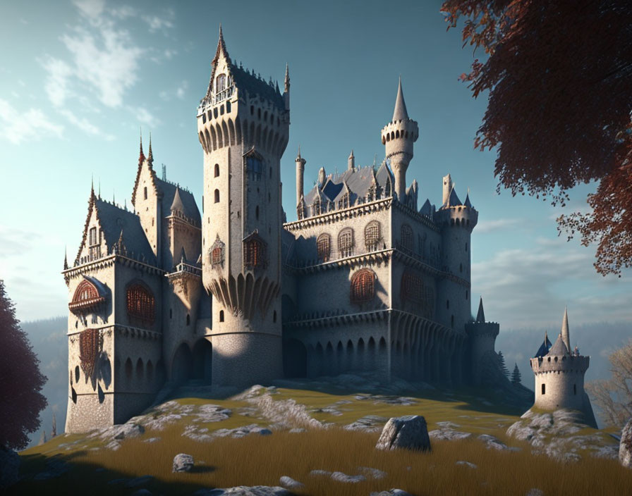 Fantasy castle with spires and towers in serene landscape