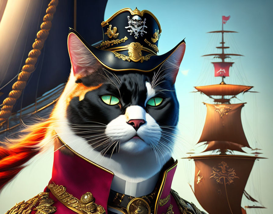 Green-eyed cat in admiral's uniform with ship and flags