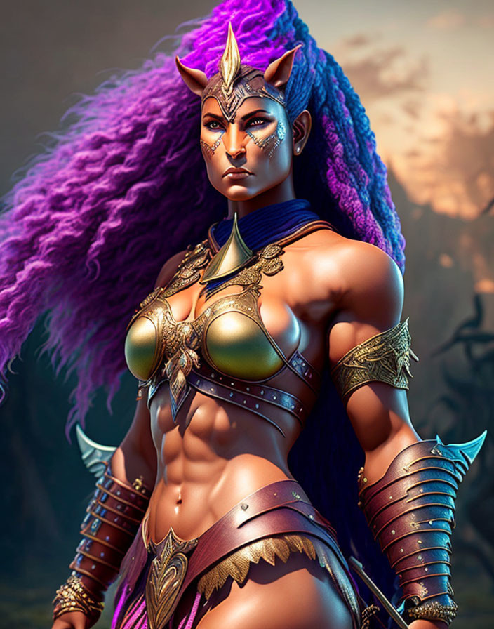 Fantasy female warrior with purple hair and golden armor in 3D illustration