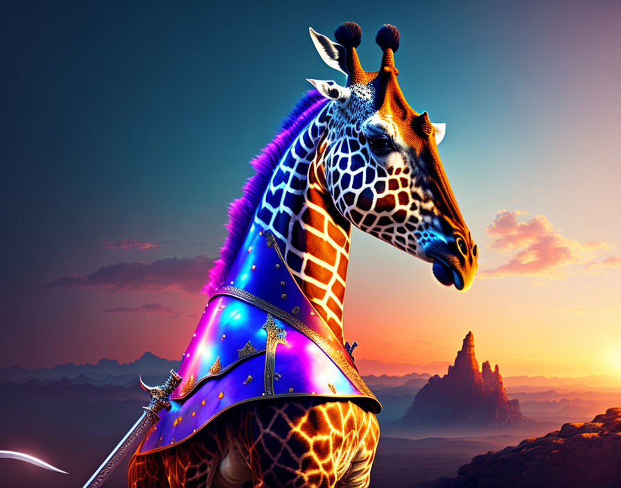 Colorful Digital Art: Giraffe in Armor under Surreal Sunset