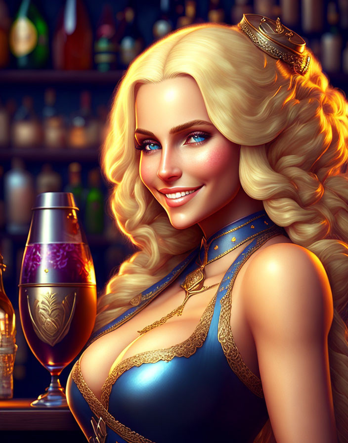 Digital illustration of smiling woman with long blonde hair in blue dress at bar