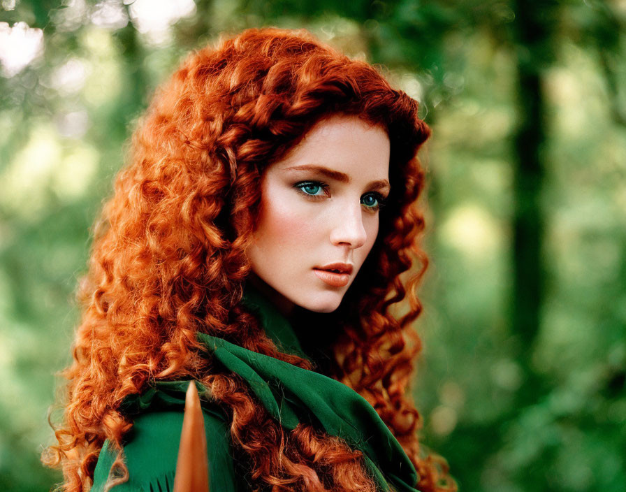 Curly red-haired woman in green cloak, blue eyes, forest scene