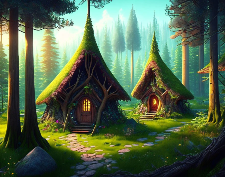 Whimsical forest scene with two treehouses in lush greenery