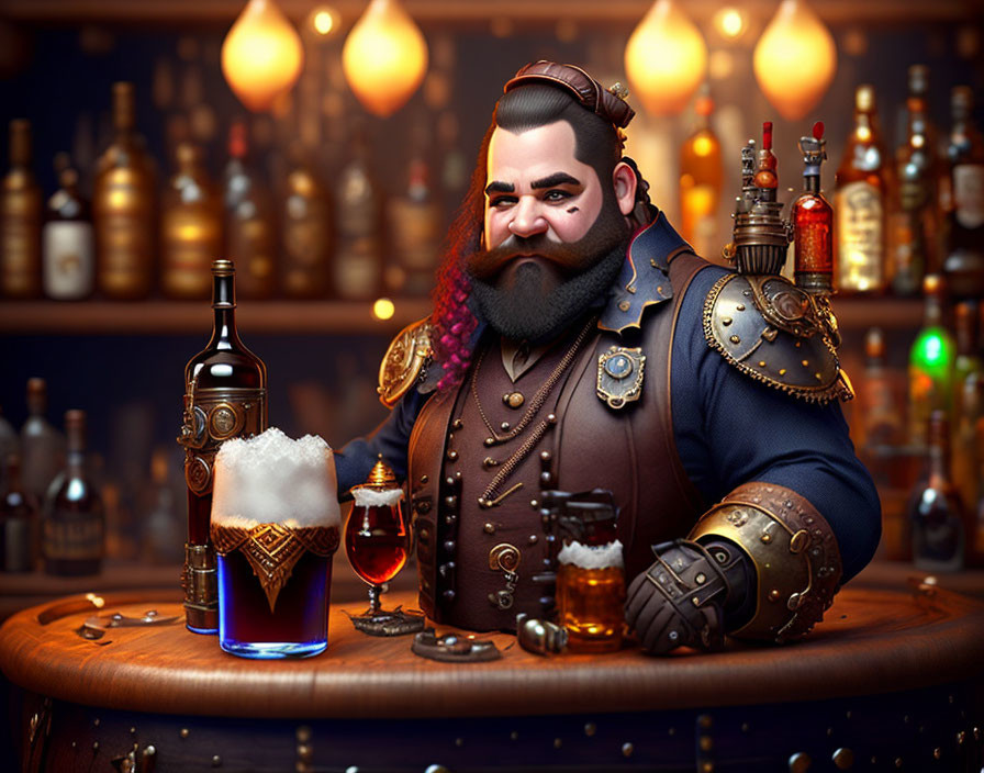 Digital artwork of stout, bearded character with mechanical arm at bar with beers and bottles in warm,
