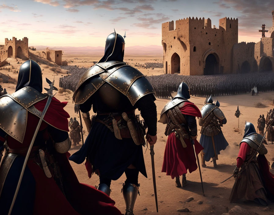 Medieval armored knights and soldiers at castle gates in a desert landscape