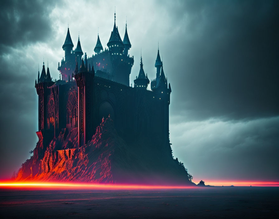 Gothic castle on hill under stormy sky with red glow