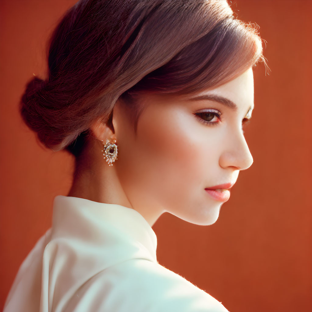 Woman with Elegant Hairstyle and Pearl Earring on Orange Background