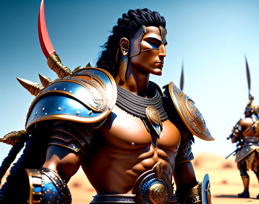 Digital artwork featuring muscular warrior in ornate armor with desert backdrop.