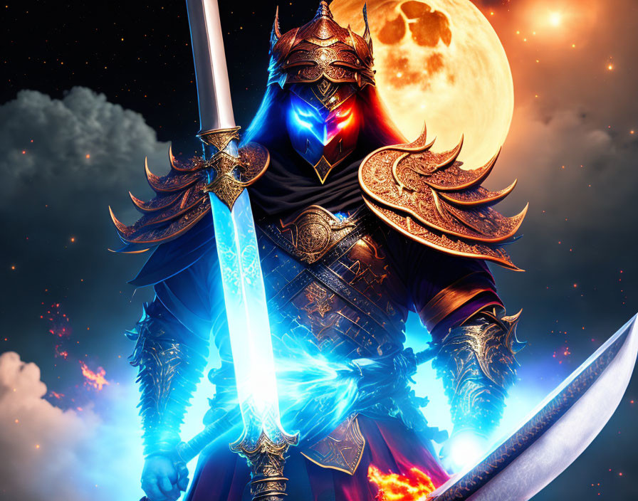 Armored knight with glowing blue sword in moonlit sky.
