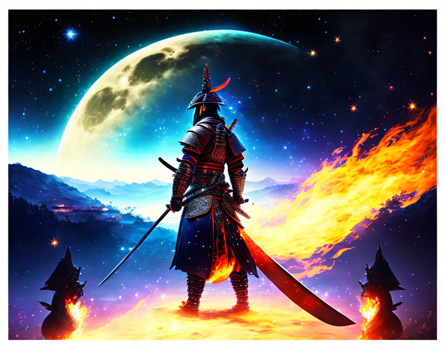 Traditional Samurai Warrior Under Massive Moon with Armed Figures in Cosmic Setting