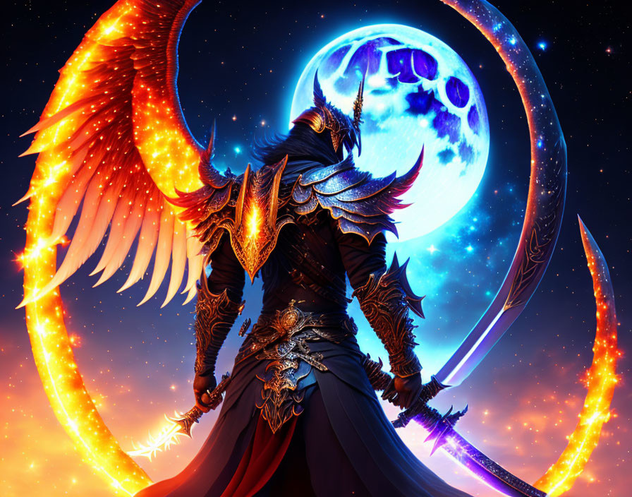 Fantasy warrior with fiery wings and crescent sword under giant moon