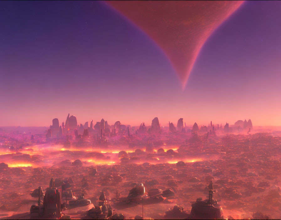 Futuristic sci-fi landscape with purple sky and glowing orange terrain