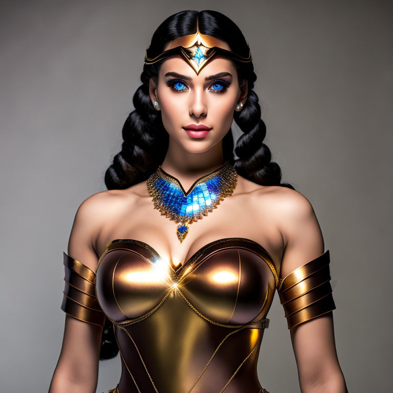Superhero woman with tiara, blue eyes, braided hair, gold and red outfit.
