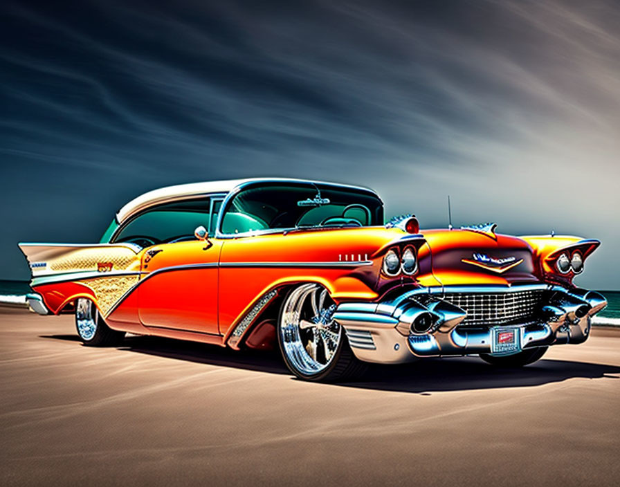 Vintage car with orange and yellow paint, chrome accents, and tail fins on blurred backdrop