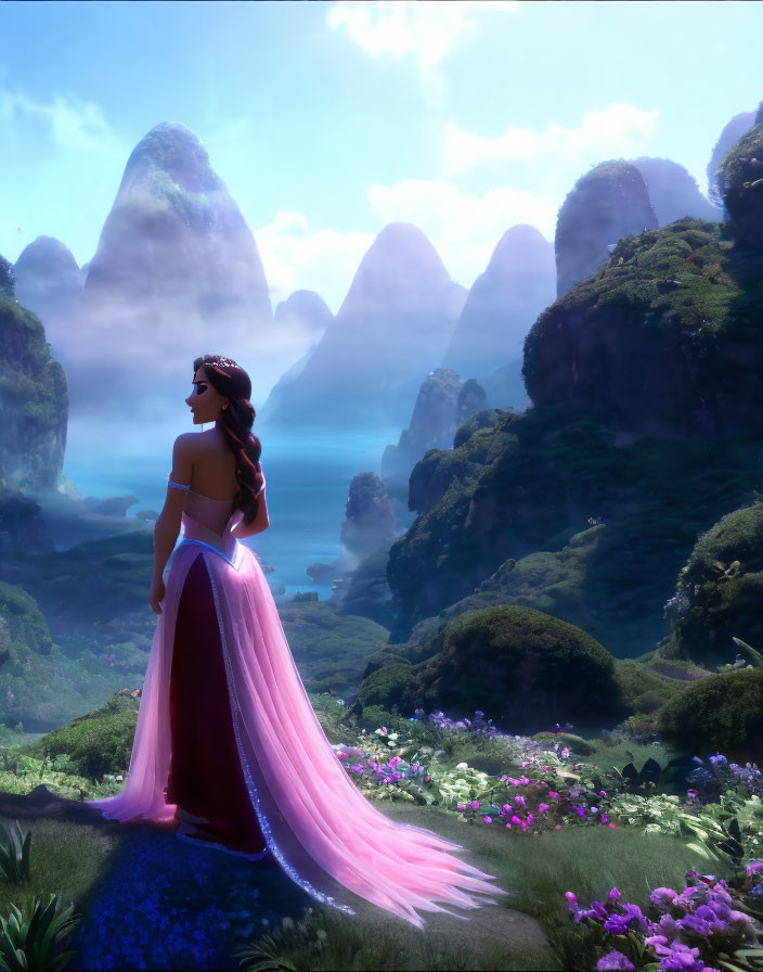 Animated princess in pink gown admires mystical landscape with mountains and tranquil waters.