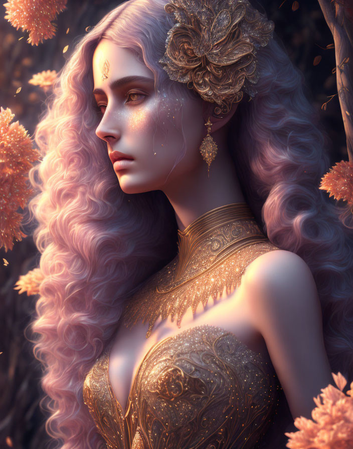Ethereal woman with long lavender hair and golden jewelry in warm-toned floral setting
