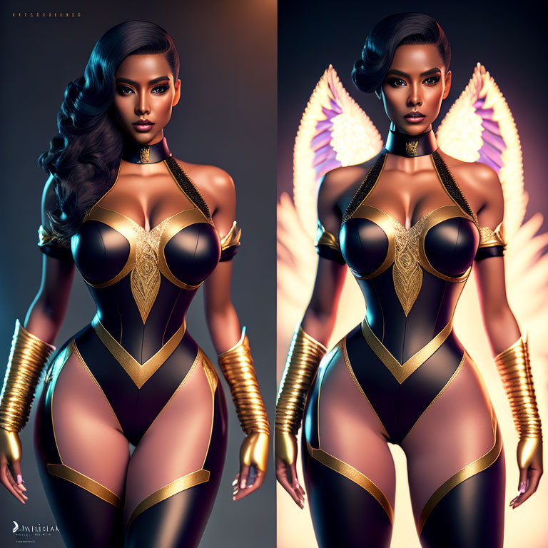Digital artwork of woman in golden armor with wings, side-by-side comparison.