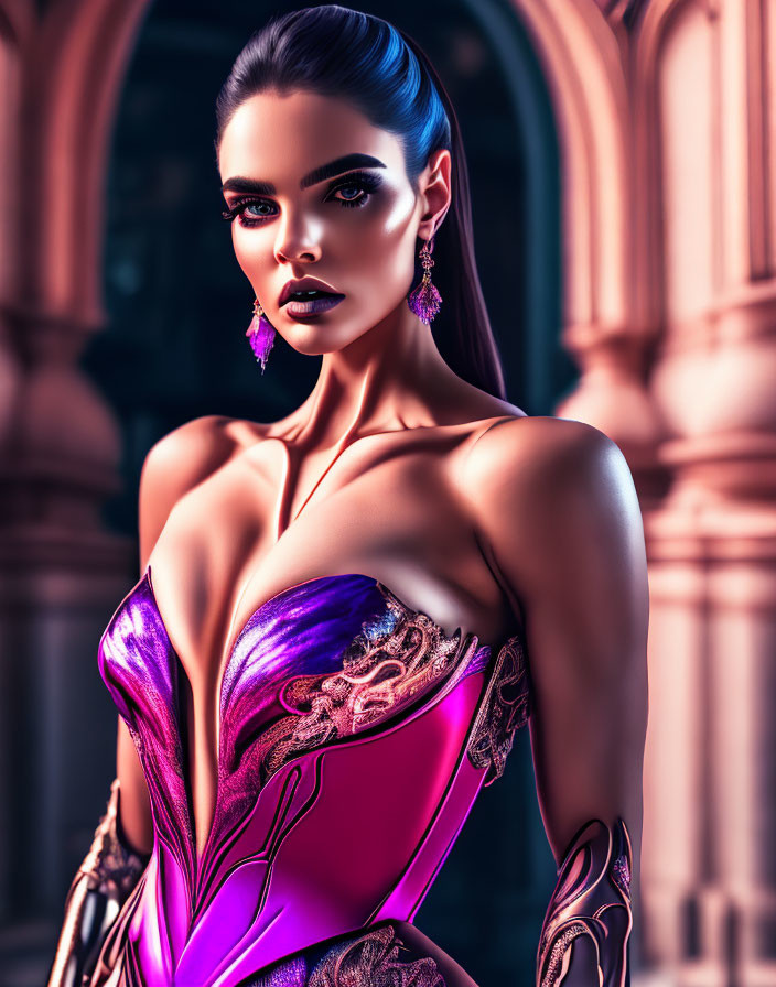 Digital Artwork: Woman in Purple Gown with Dramatic Makeup