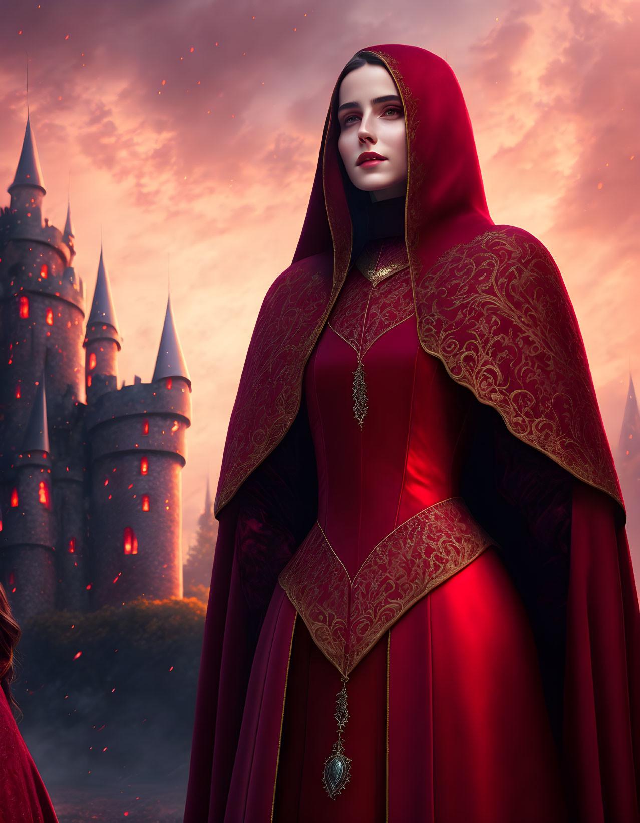 Regal woman in red cloak with intricate patterns before castle