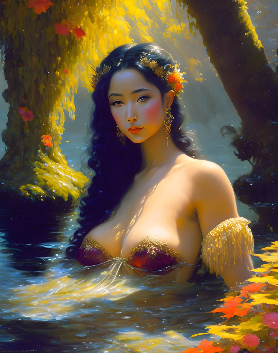Woman with Dark Hair Adorned with Flowers in Water and Golden-lit Trees