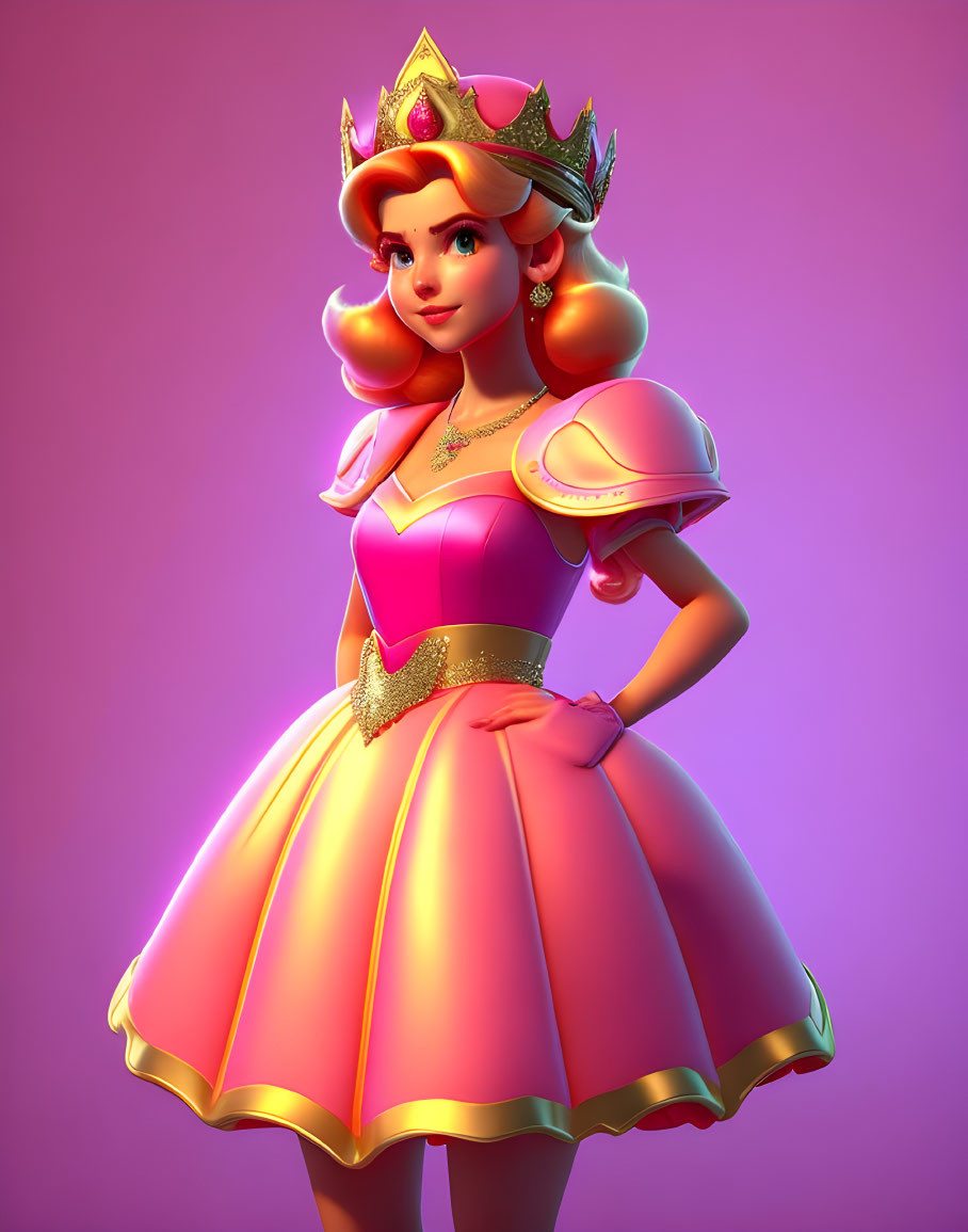 Stylized 3D rendering: Princess Peach in pink and gold dress