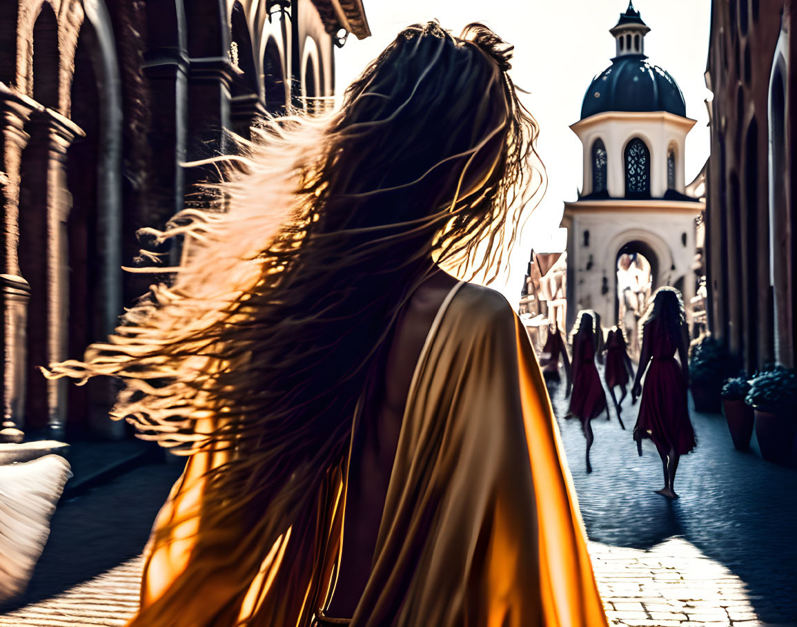 Woman in Flowy Orange Dress Walking Down Cobblestone Street