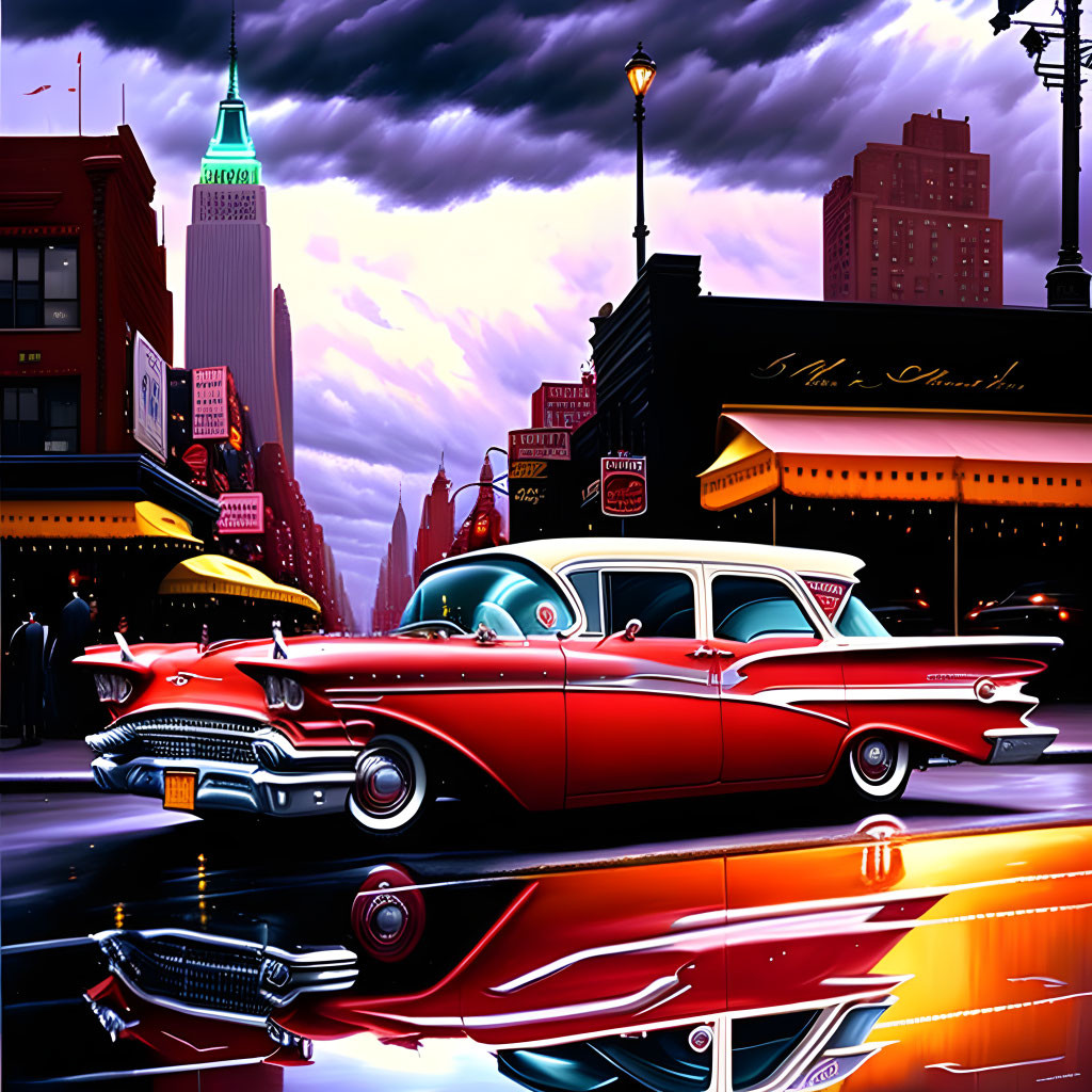 Colorful illustration of red car on city street with neon signs and Empire State Building at dusk