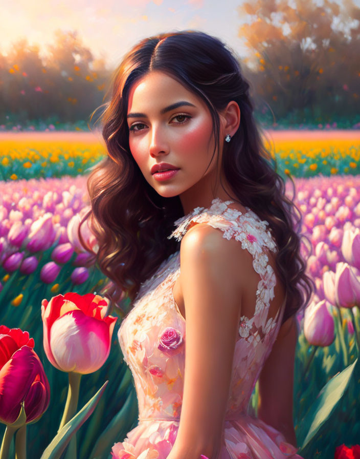 Portrait of Woman in Floral Dress Surrounded by Tulips at Sunset